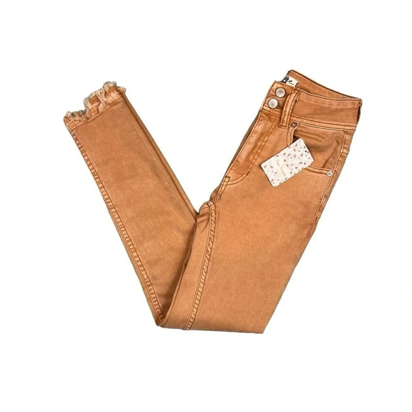 Free People Womens Wild Child Frayed Skinny Jeans Camel Size 24 - Picture 8 of 16